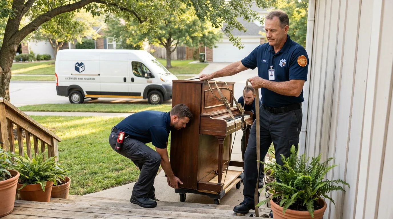 Licensed piano movers securing grand piano in Englewood, TN