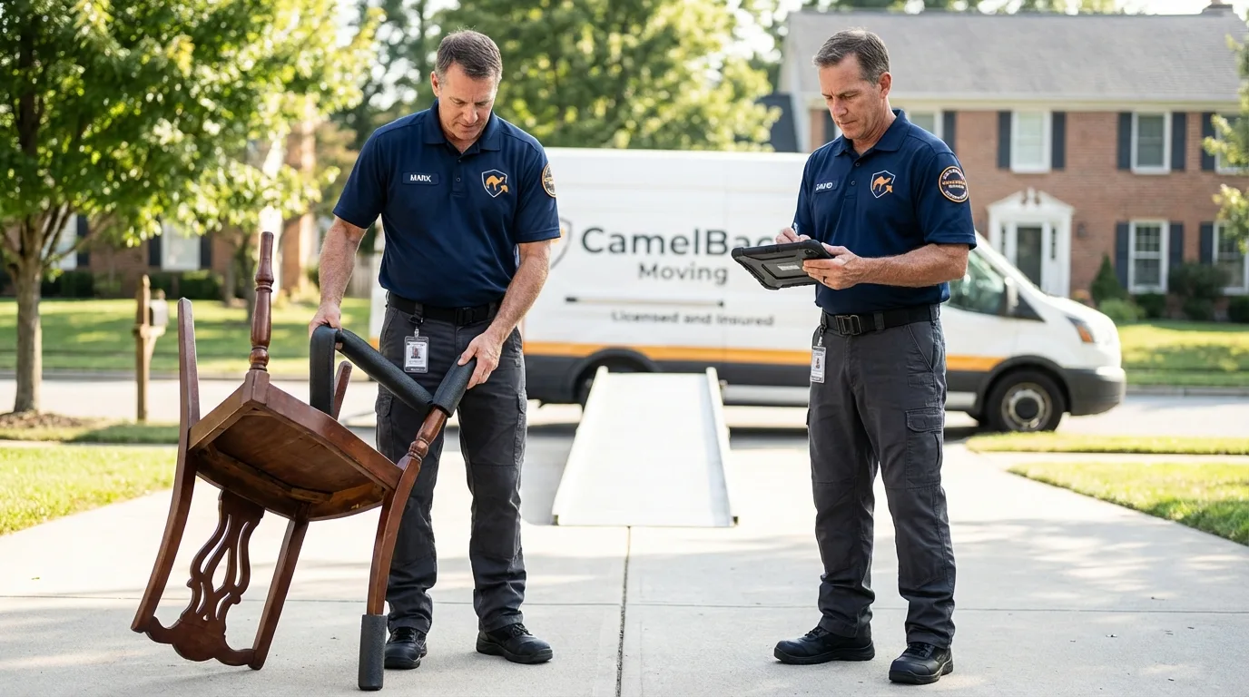 Movers inspecting furniture for damage prevention before loading in Englewood, TN