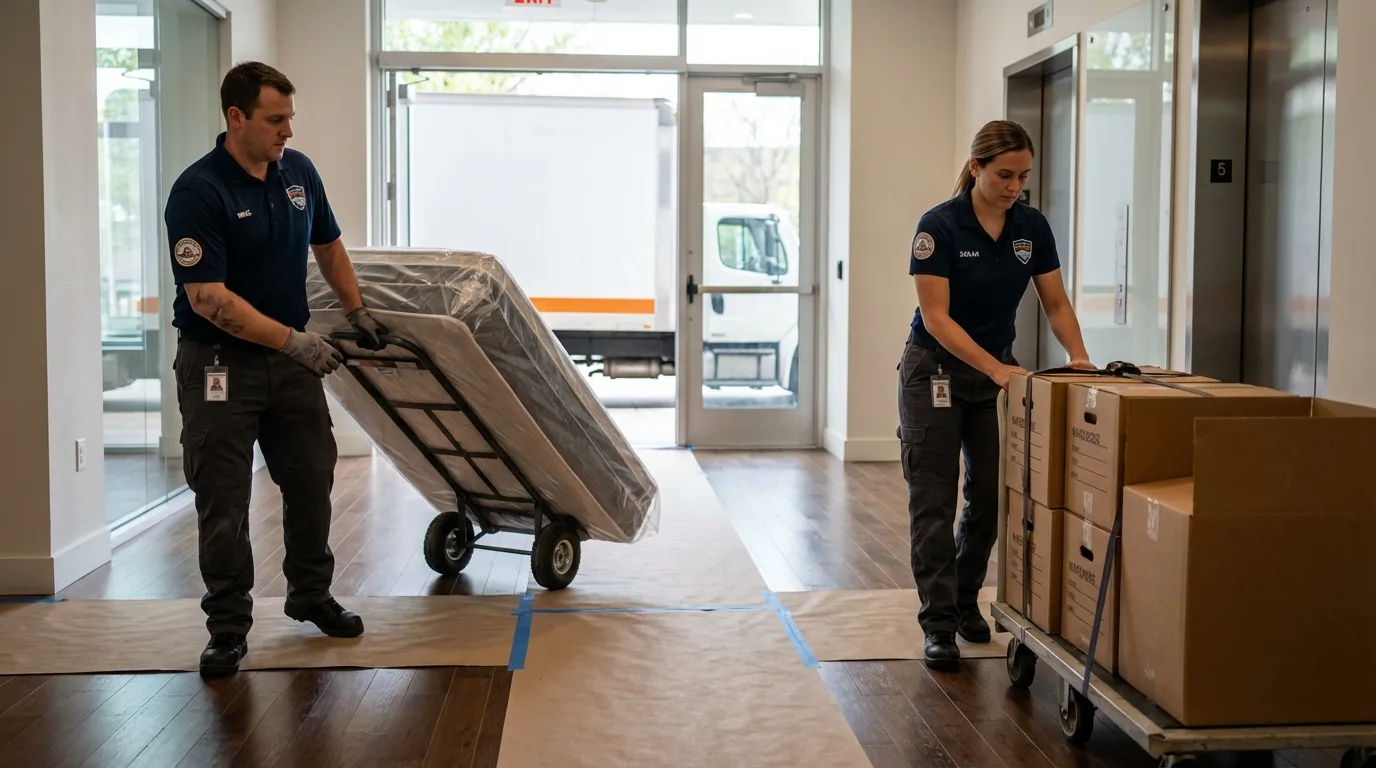 Professional apartment movers loading elevator in Englewood, TN
