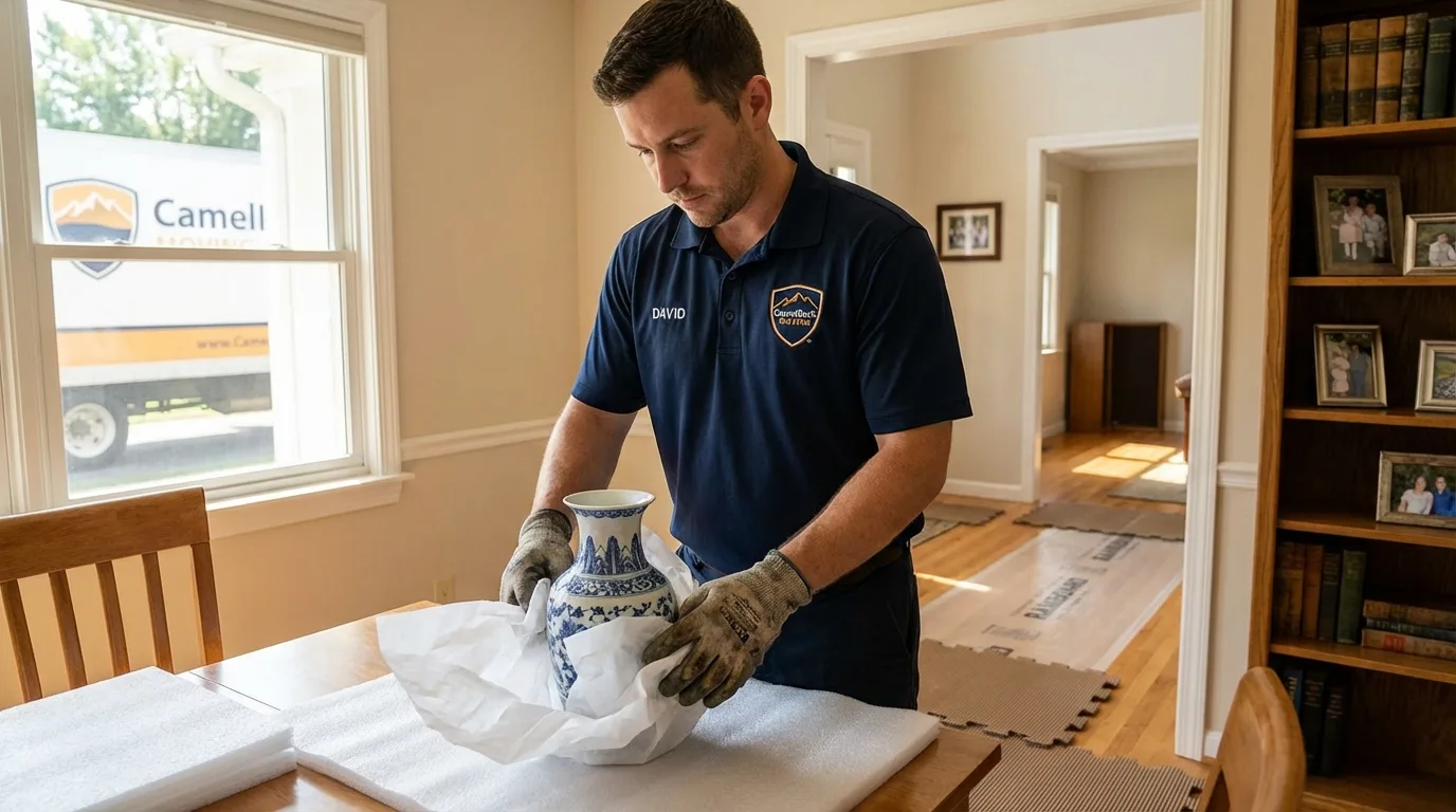 Professional crew carefully wrapping antique vase for senior downsizing move in Englewood, TN